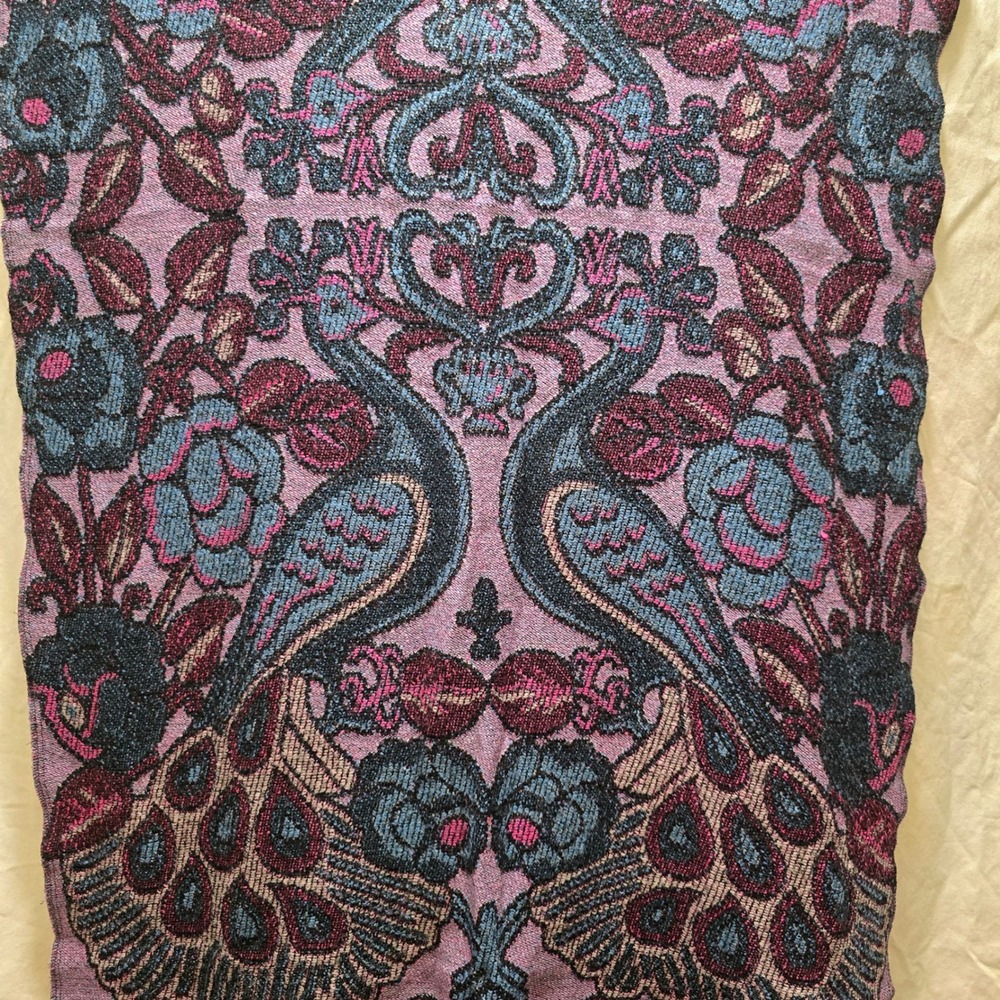 Vibrant Peacock Floral Woven Scarf Shawl Fringe Purple Pink Blue Black Accent